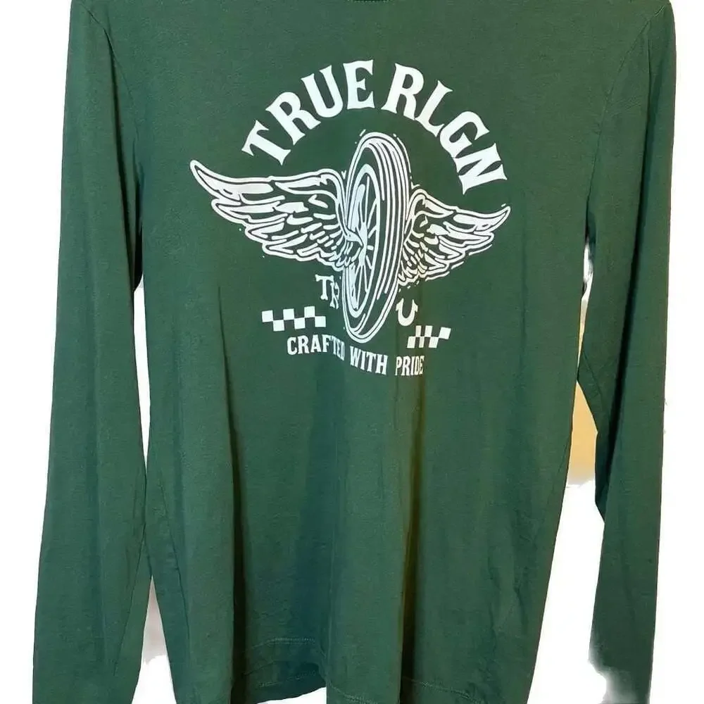 True Religion Men's Long Sleeve Barcode Tee Southbay Steel Green Small